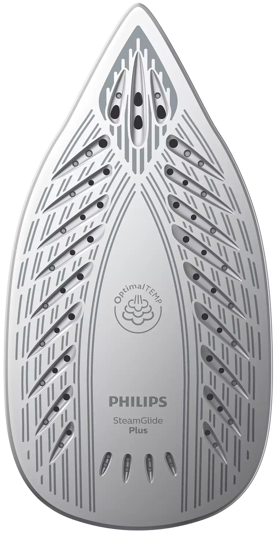 Zbliżenie spodu żelazka Philips SteamGlide Plus. Żelazko jest białe i srebrne.