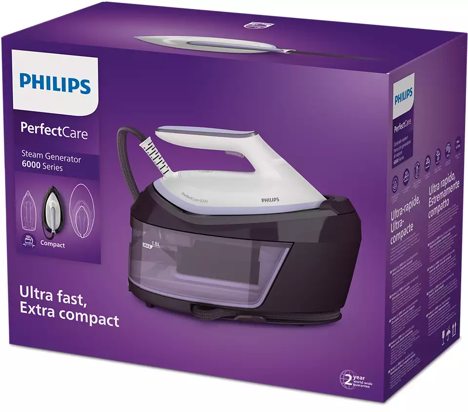 Żelazko Philips jest czarne z pomarańczowymi akcentami. Para wydobywa się z dołu.