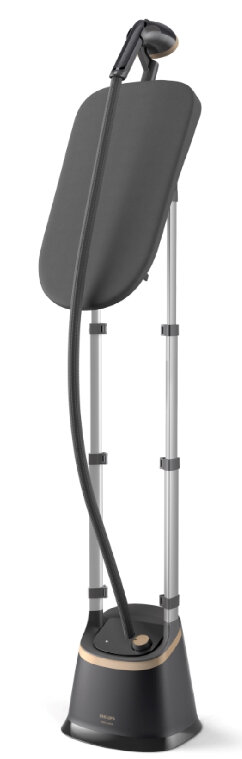 Czarno-beżowy parownik do ubrań na białym tle.