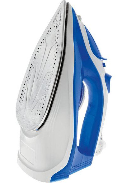 Żelazko widziane od dołu, z białą podstawą i niebieskim uchwytem, z białym przewodem.