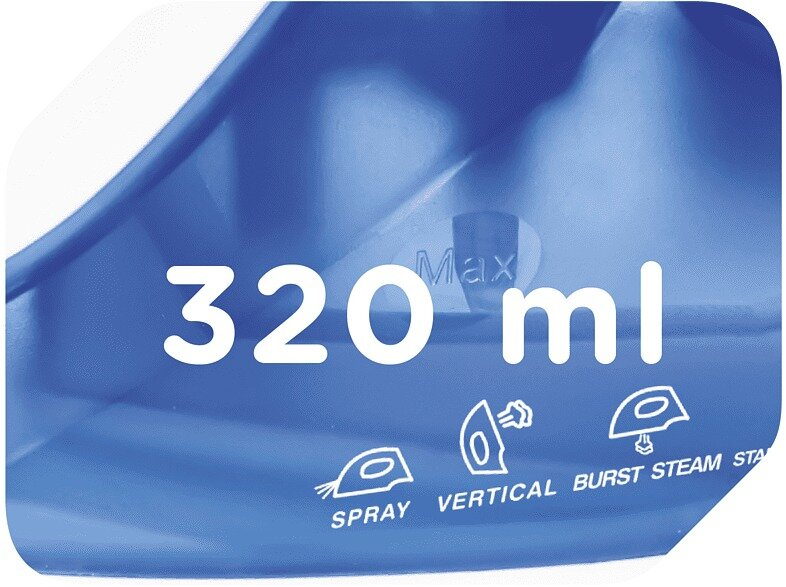 Zbliżenie na niebieski pojemnik z napisem '320 ml' i symbolami dla sprayu i pary.