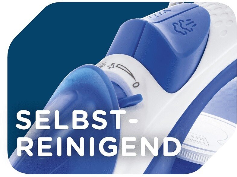 Zbliżenie żelazka z niebieskim pokrętłem, z napisem 'SELBST-REINIGEND' (samooczyszczający).