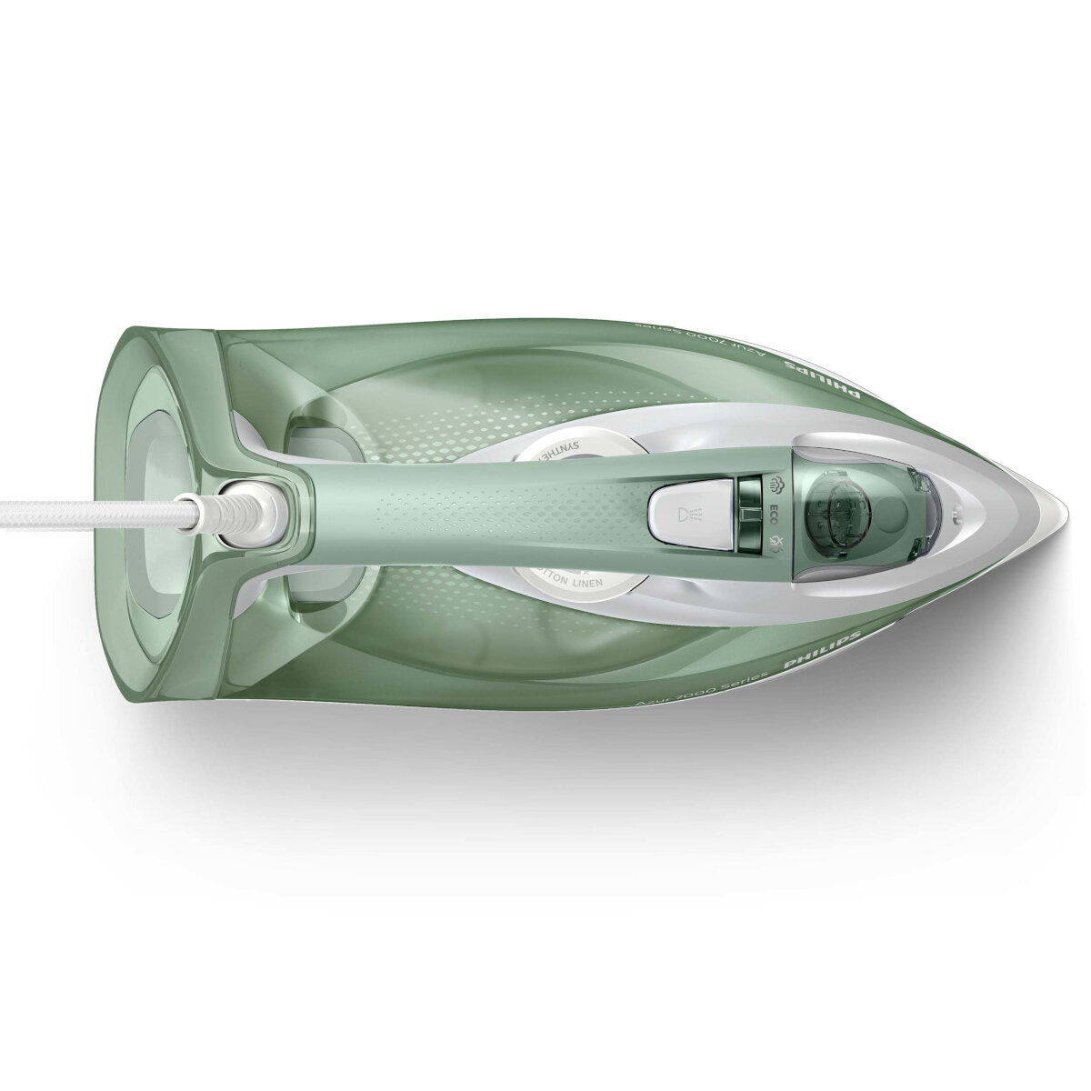 Widok z góry na zielono-białe żelazko Philips z białym przewodem zasilającym.