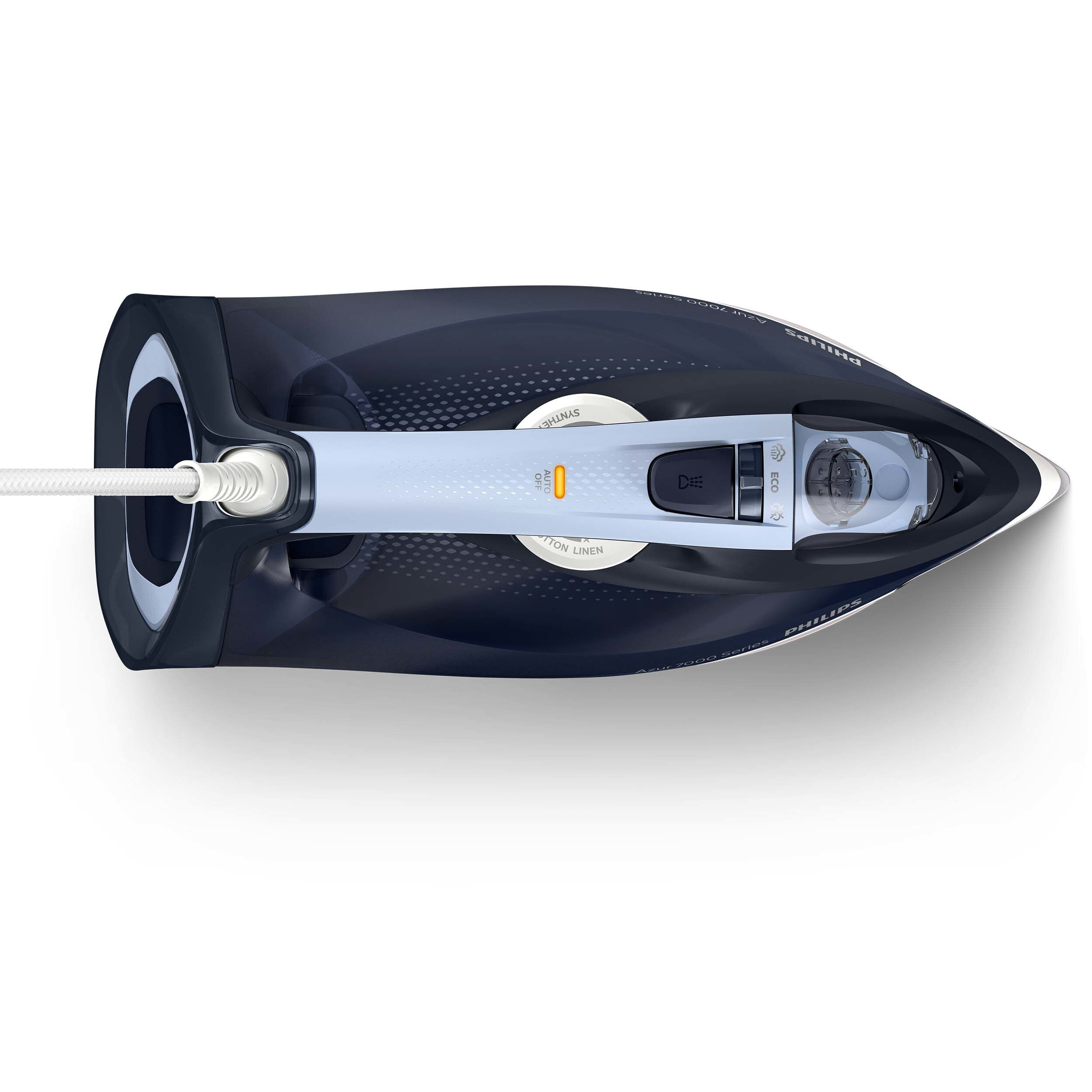 Widok z góry na ciemnoniebieskie żelazko Philips. Biały przewód. Białe tło.