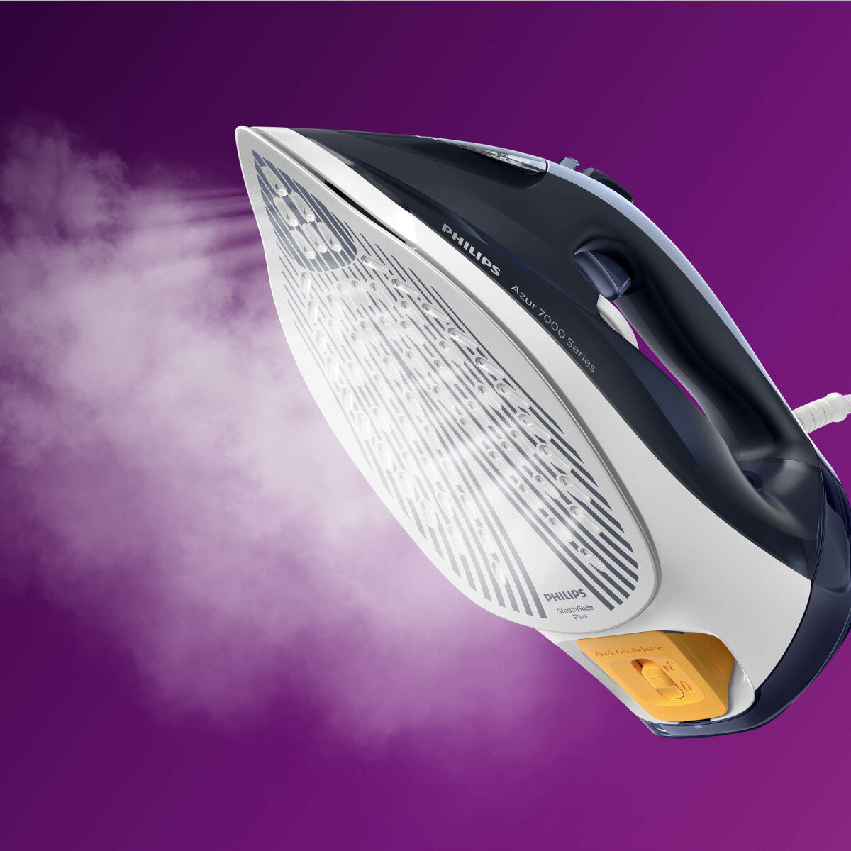 Żelazko Philips z parą. Biało-czarne z żółtymi akcentami. Fioletowe tło.