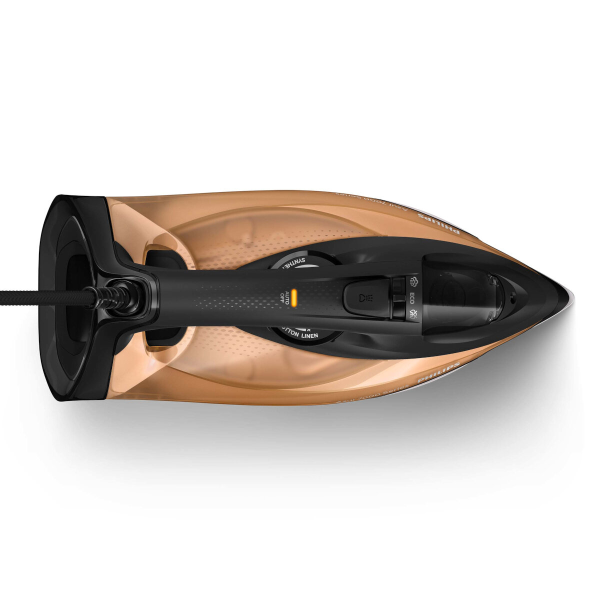 Widok z góry na brązowe i czarne żelazko na białej powierzchni.