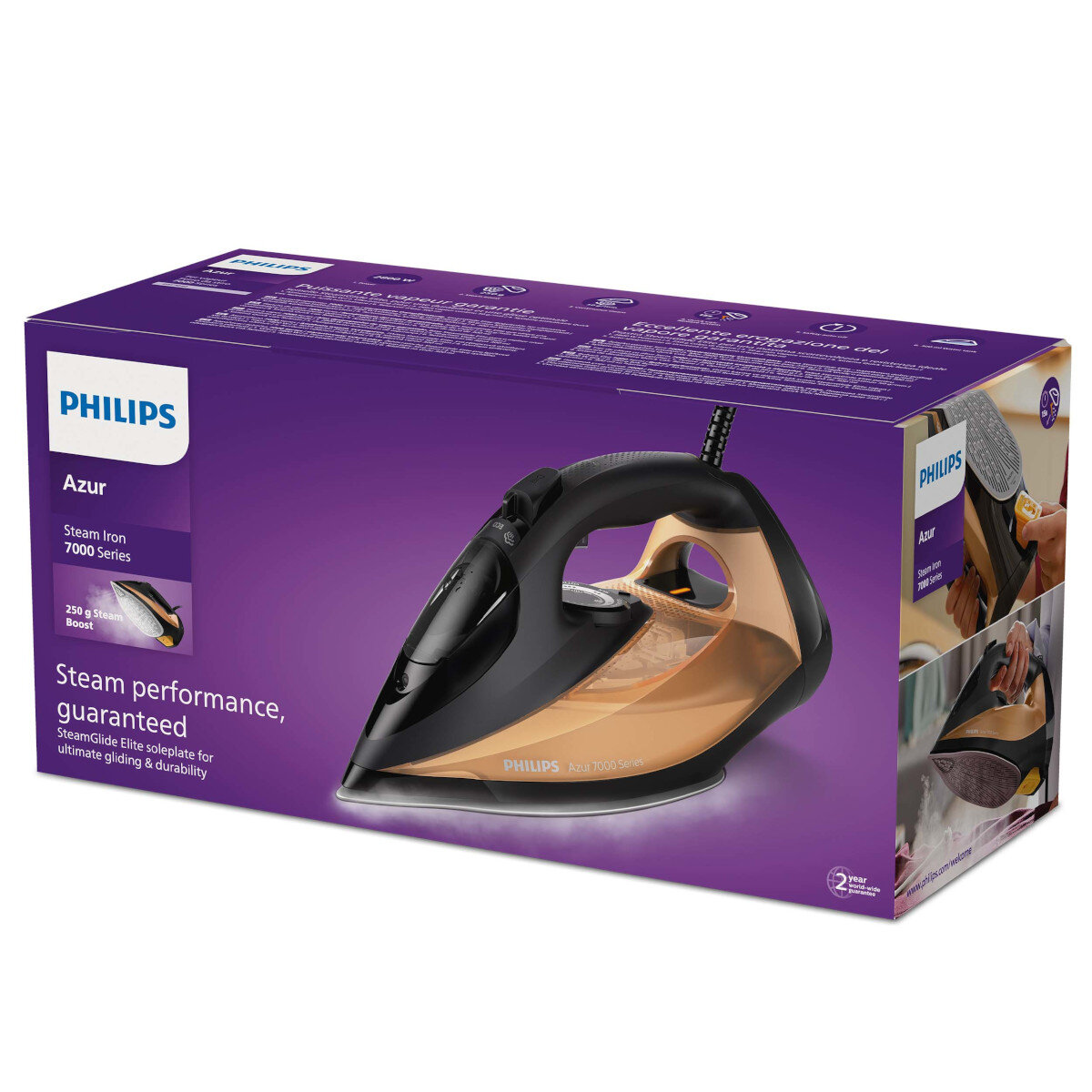 Pudełko na żelazko Philips. Jest czarne i złote ze zdjęciem żelazka na froncie.