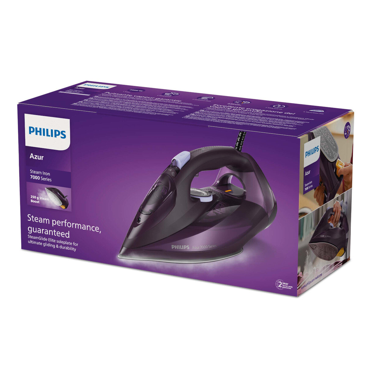 Pudełko z fioletowym wzorem przedstawiającym żelazko i nazwę marki.