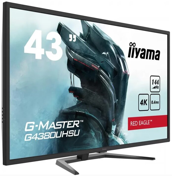 43-calowy monitor iiYama wyświetla twarz mężczyzny, z tekstem 4K i 144Hz.