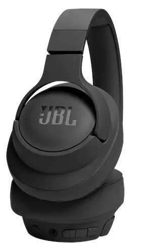 Czarne słuchawki JBL. Widok z boku, białe tło.