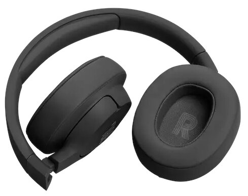 Czarne, złożone słuchawki. Widoczne nauszniki. Prawa strona ma literę 'R'. Pałąk jest zakrzywiony.