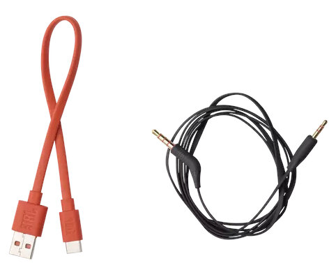 Dwa kable do ładowania, jeden czerwony USB do USB-C, drugi czarny z gniazdami audio.