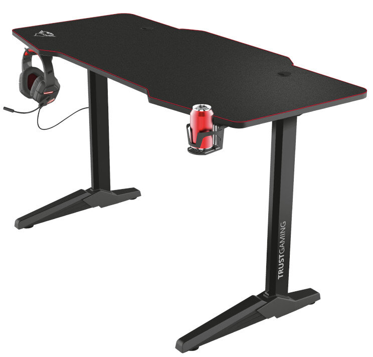 Czarny stół gamingowy ze słuchawkami, czerwoną puszką sody i uchwytem na kubek.