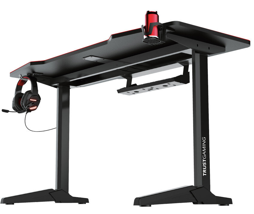 Czarny stół do gier z czerwonymi akcentami. Widoczne słuchawki i uchwyt na kubek.