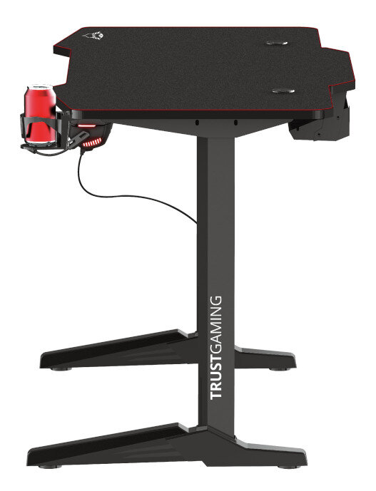 Czarny stół do gier z czerwonymi obramowaniami, uchwytem na napoje i tekstem TRUSTGAMING.