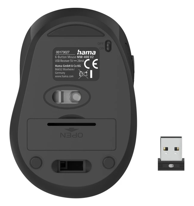Fekete számítógépes egér, alsó része látható, USB vevővel.