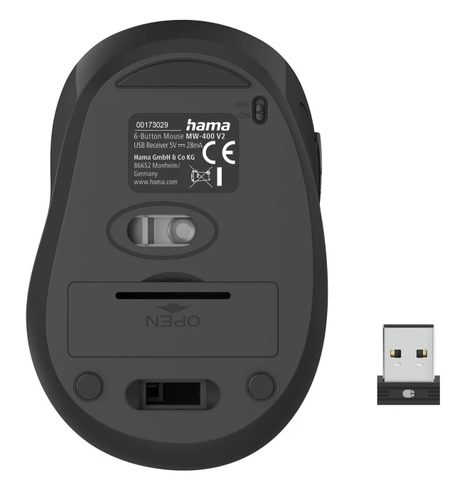 Egy fekete számítógépes egér alja. Gombok és USB vevő található rajta.