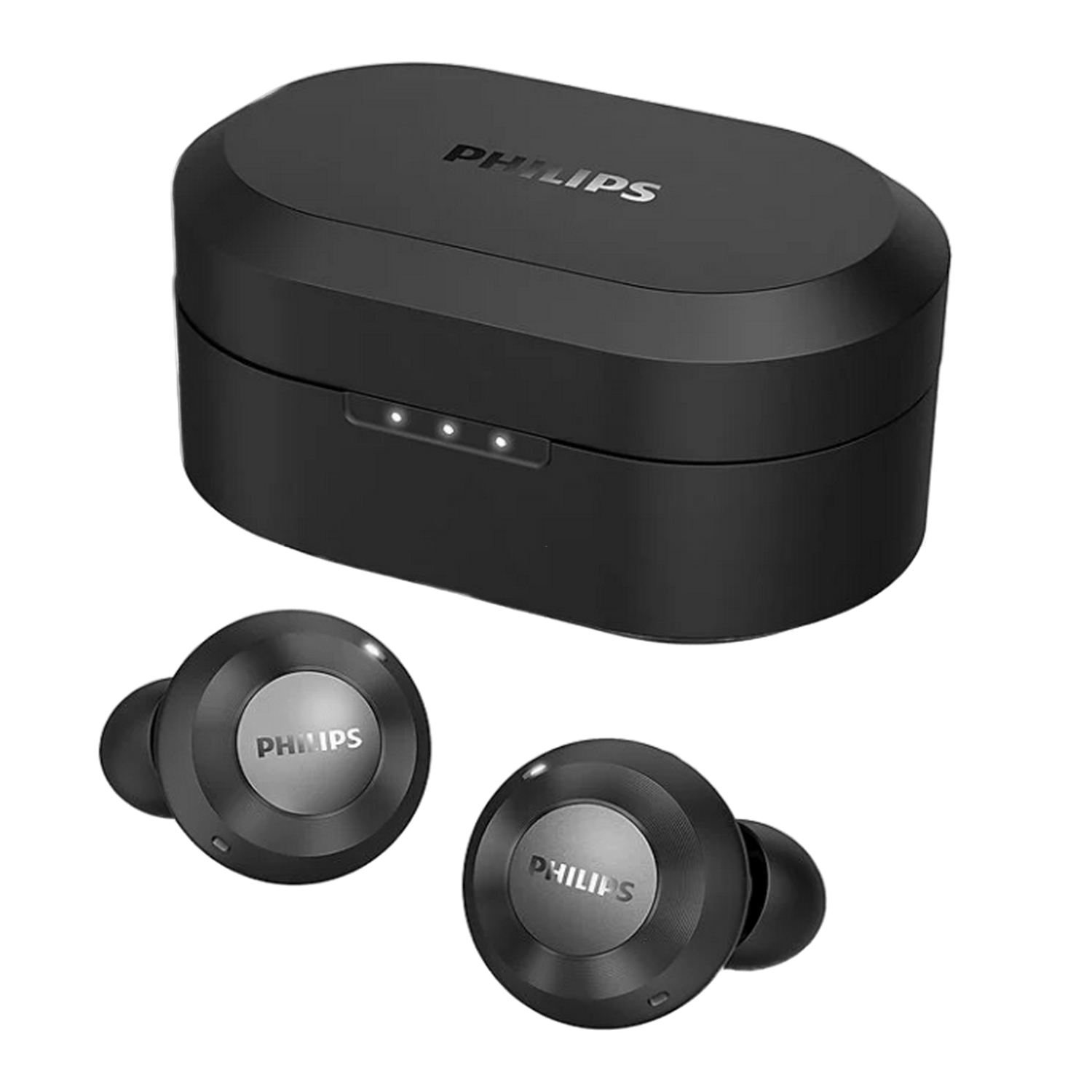 Zwarte draadloze oordopjes en oplaadcase. Oordopjes hebben een metalen PHILIPS-logo.