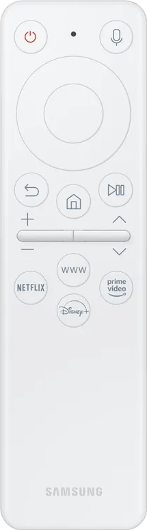 Telecomando Samsung bianco con vari pulsanti, tra cui Netflix, Prime Video e Disney+.