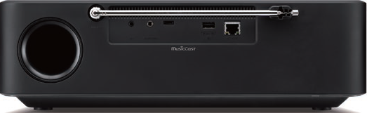 Die Rückseite einer schwarzen Soundbar mit verschiedenen Anschlüssen, einschließlich Antenne und Ethernet.