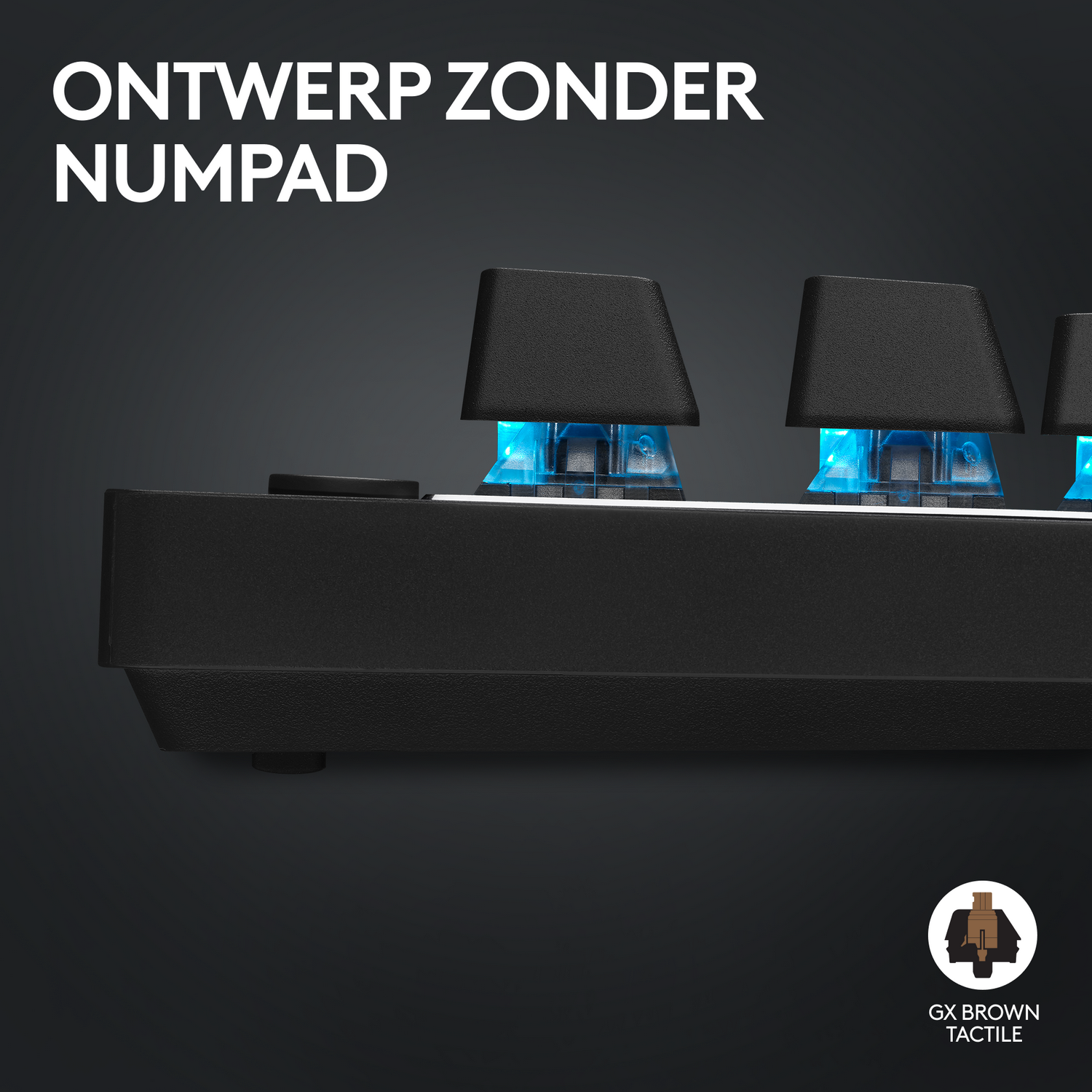 Black gaming keyboard with blue light under the keys.