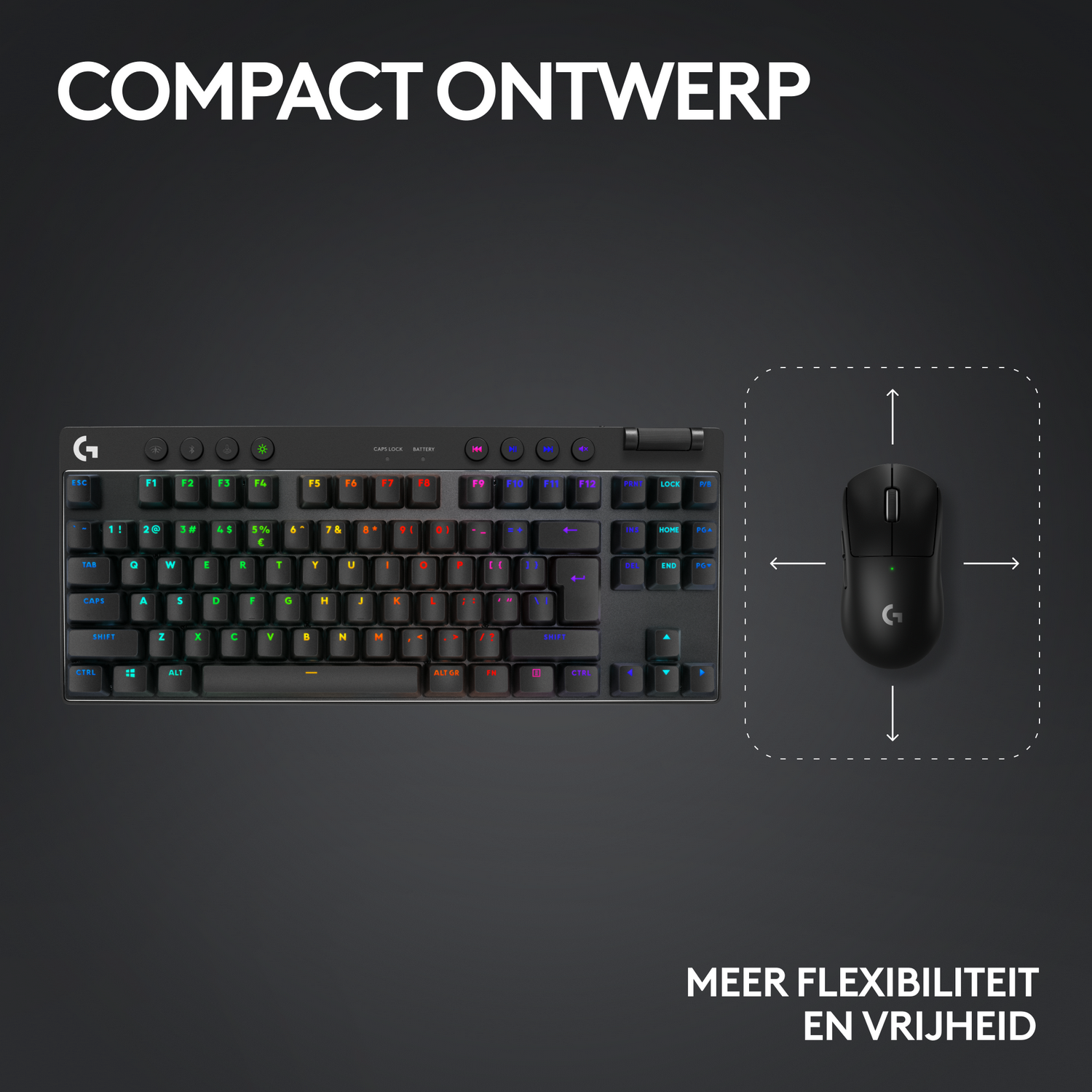 A black keyboard and a black mouse beside it, with a diagram showing their dimensions.