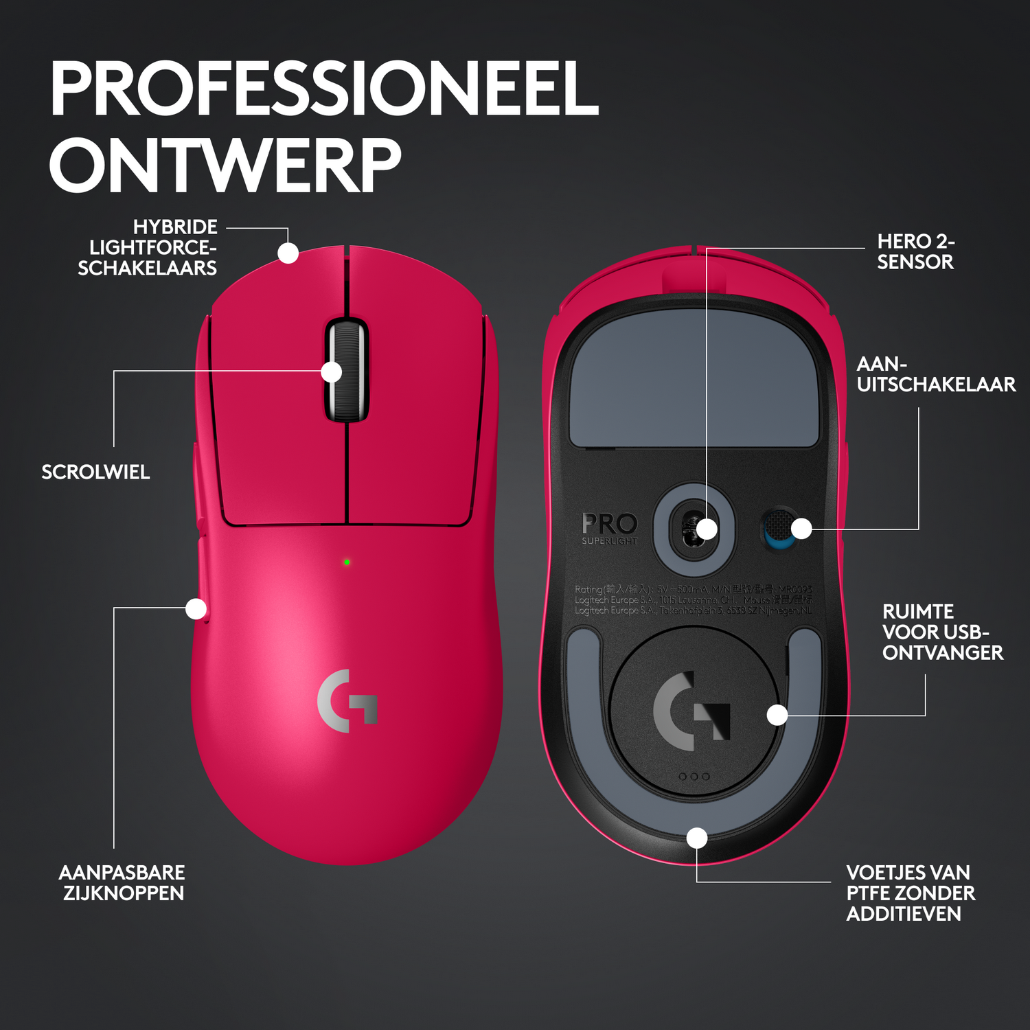Roze gamingmuis met labels. Toont het scrollwiel, aanpasbare zijknopen en andere functies.