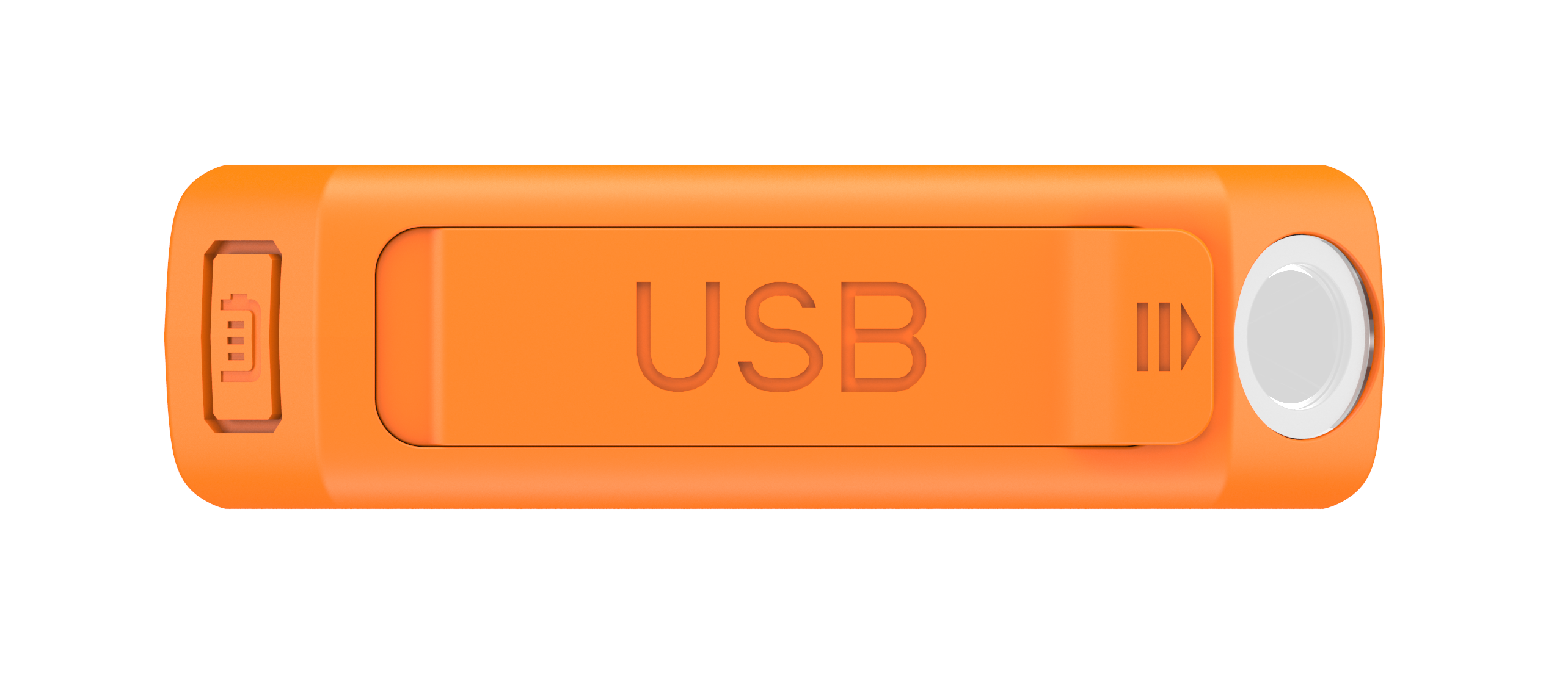 Oranger USB-Stick mit dem Wort USB darauf. Hat einen Schiebemechanismus. Schwarzer Hintergrund.