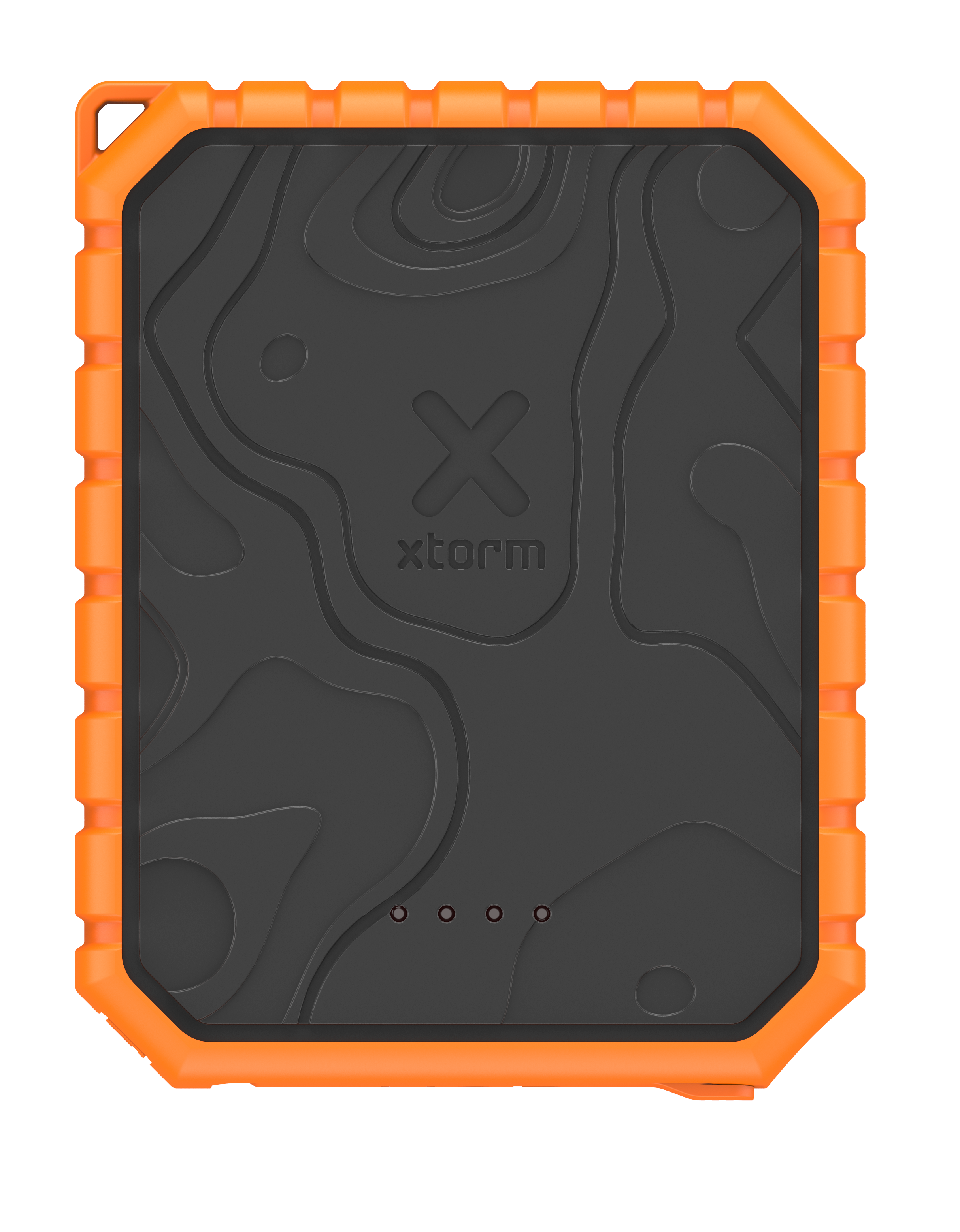Schwarze und orange Powerbank mit topografischem Muster. Zeigt Ladeanzeige.