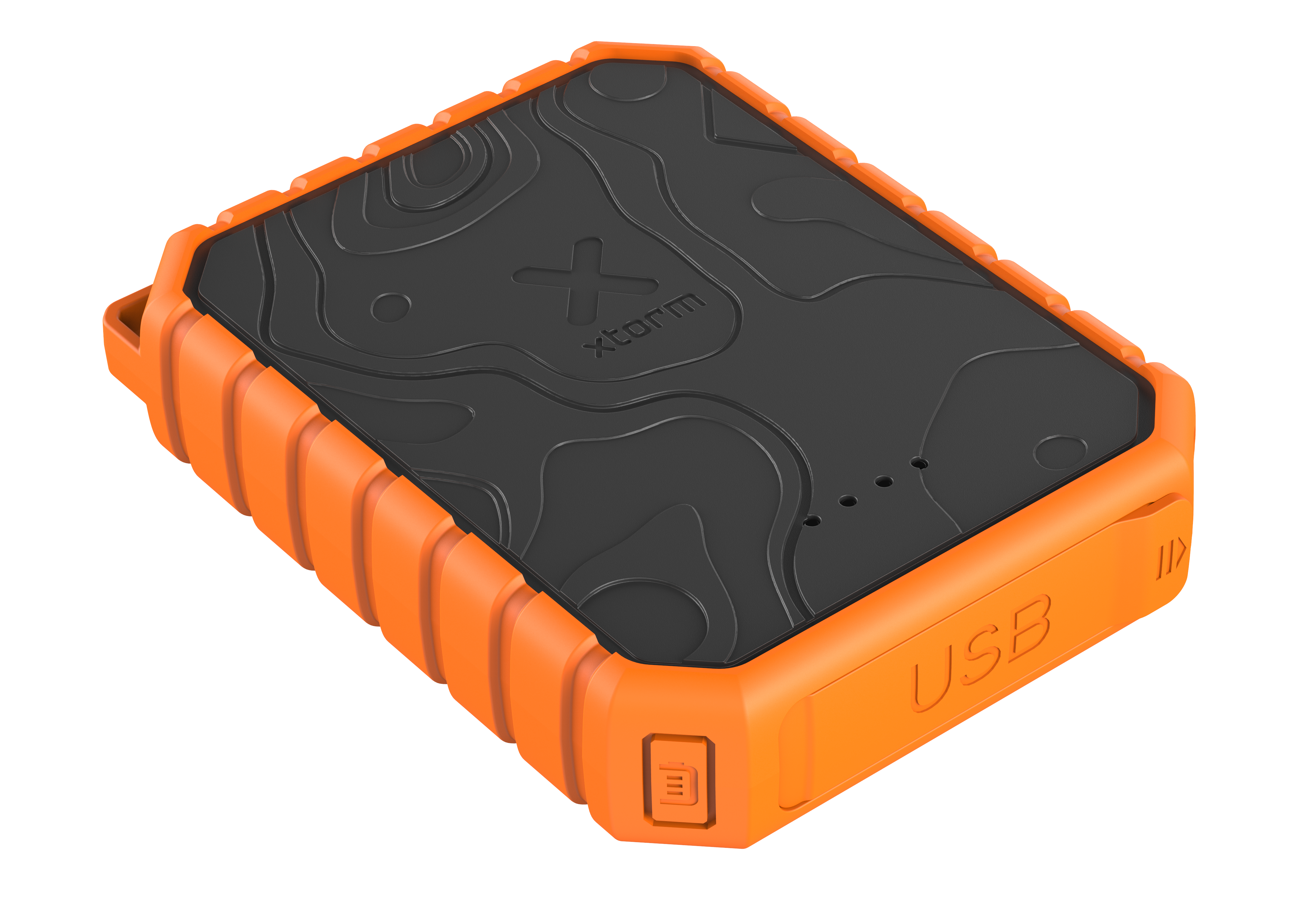 Eine orange und schwarze Powerbank mit USB-Anschluss. Die Oberseite hat ein Muster.