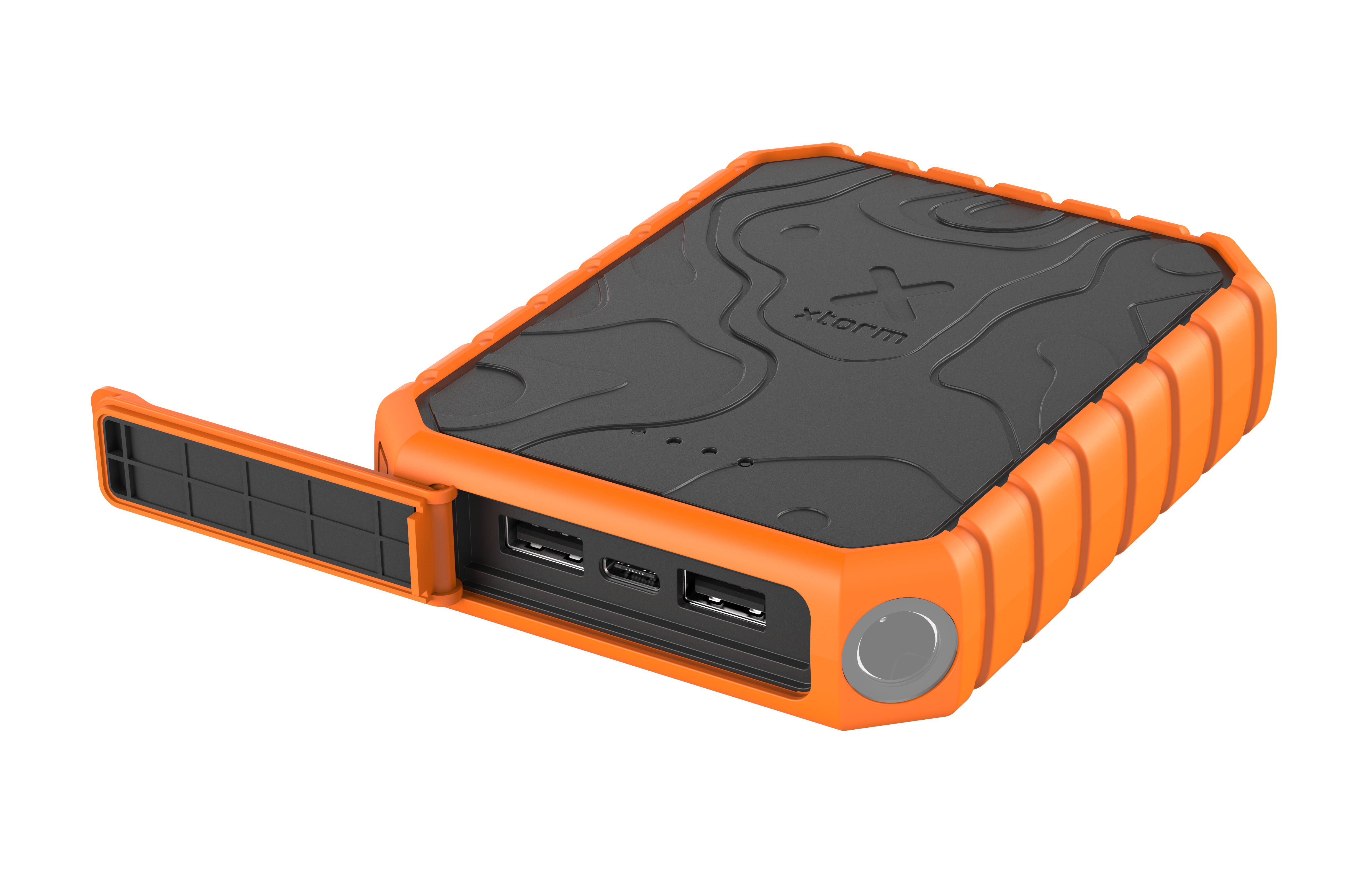 Orange und schwarze Powerbank mit robustem Design. USB-Anschlüsse sind sichtbar.