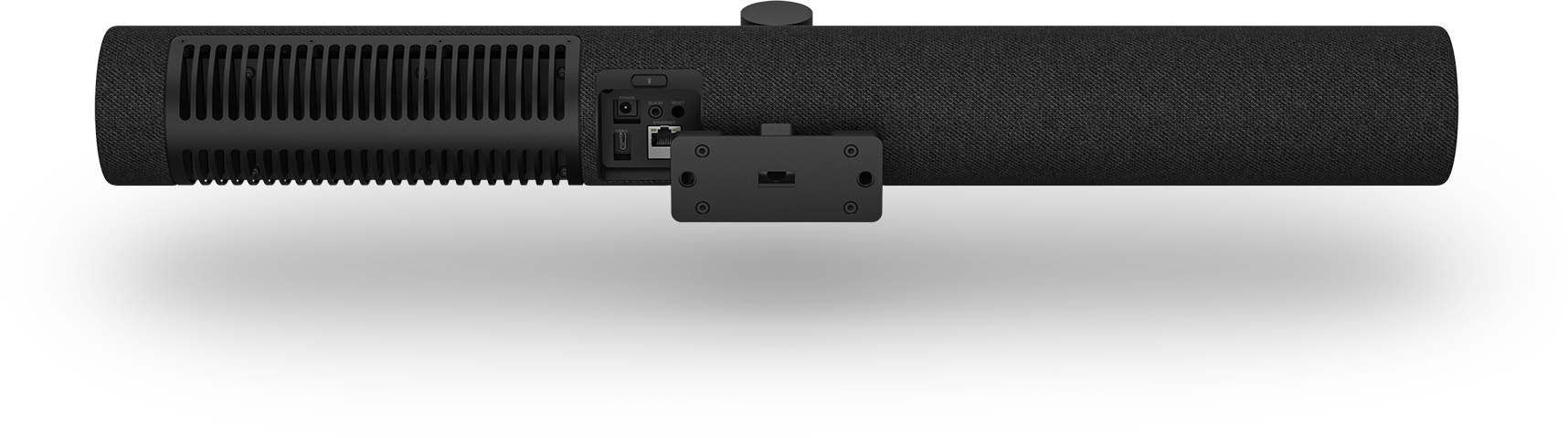 Schwarze Soundbar mit Anschlüssen, Bedienelementen. Horizontal, vor schwarzem Hintergrund.