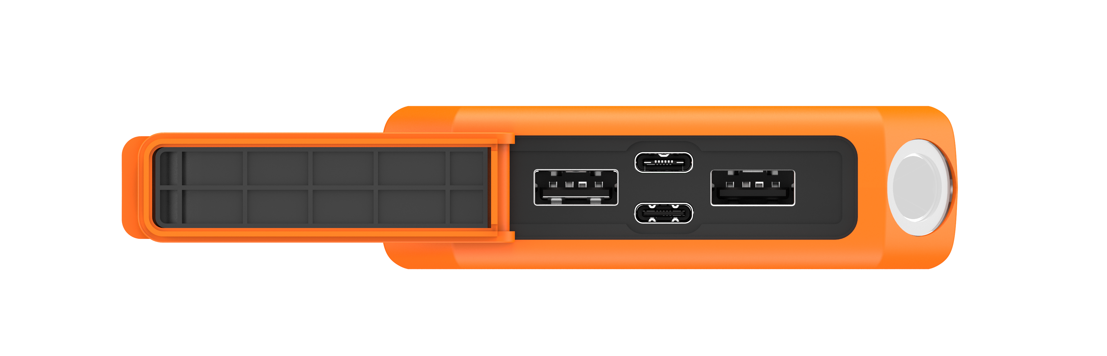 Orange externe Festplatte mit Anschlüssen. Geöffnete Anschlussabdeckung mit USB- und anderen Anschlüssen.