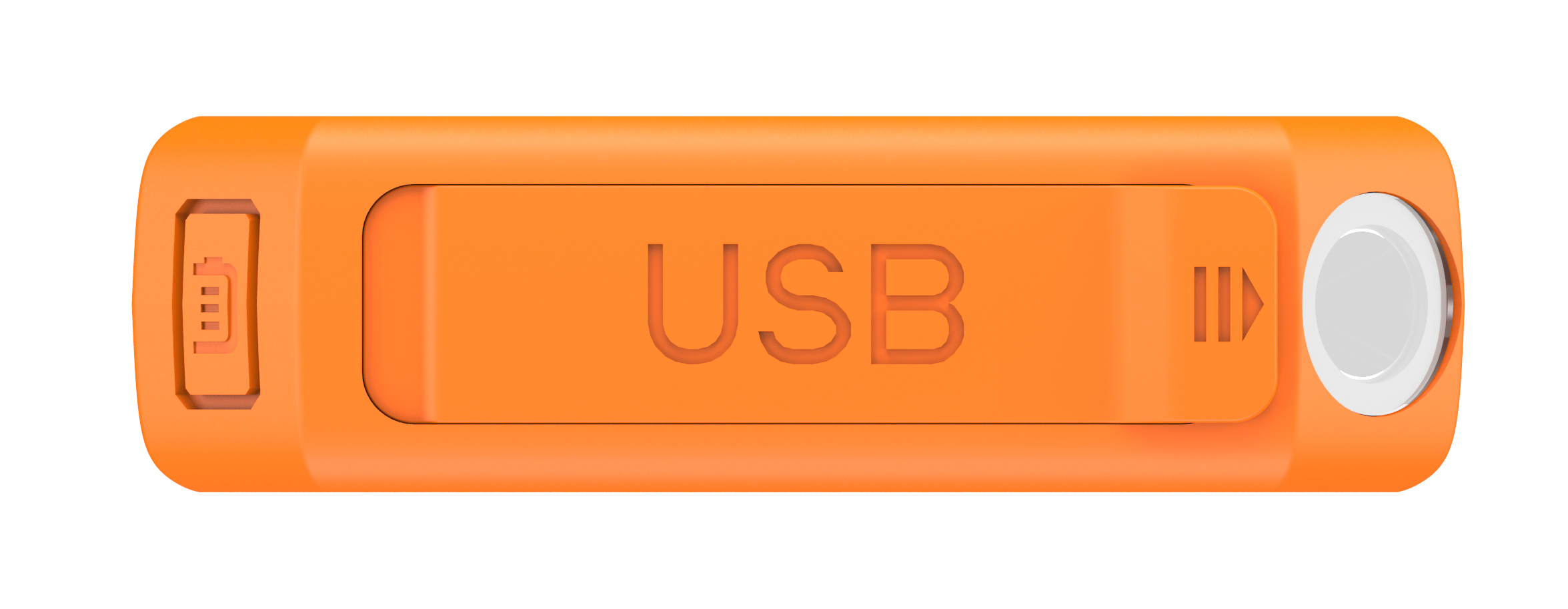 Ein orangefarbener USB-Stick mit dem Wort USB. Es gibt ein Batteriesymbol und eine Wiedergabetaste.