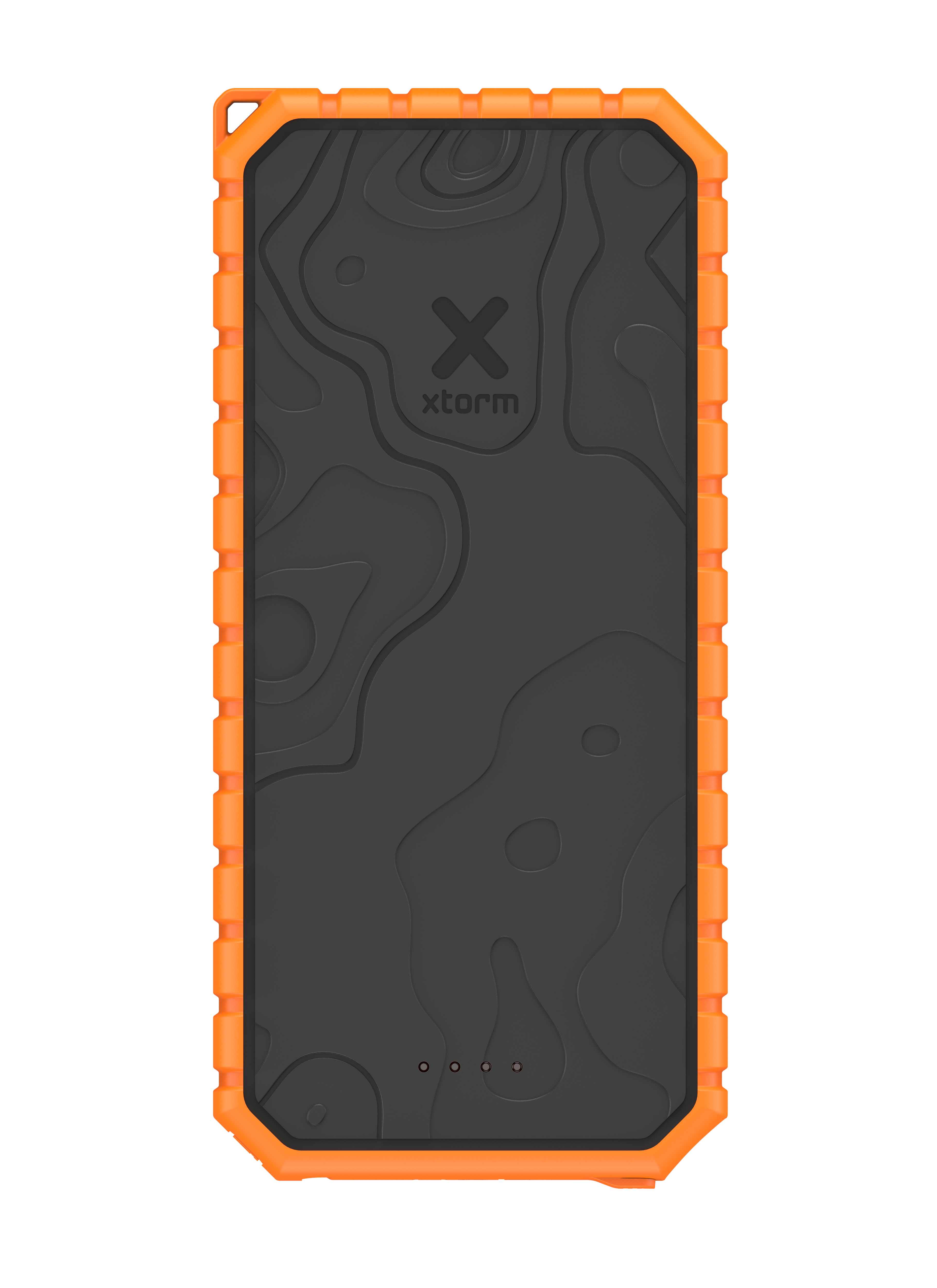 Schwarze und orangefarbene Xstorm Powerbank mit strukturierter Oberfläche.