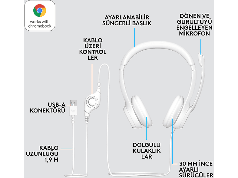 LOGITECH H390 USB Gürültü Önleyici Mikrofonlu Kulaklık - Beyaz_5