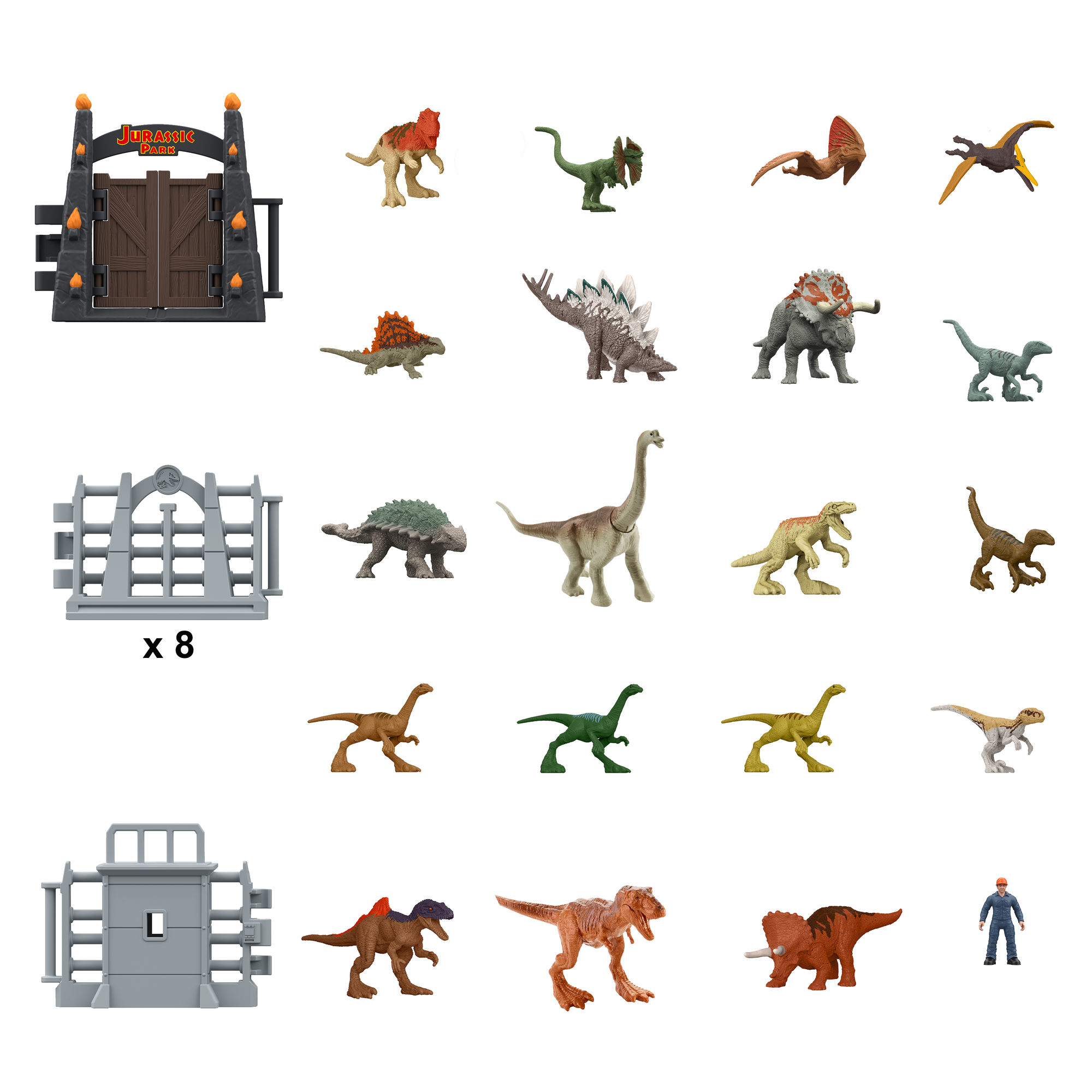 Ein Jurassic Park-Tor und verschiedene Spielzeugdinosaurier in einer Sammlung.