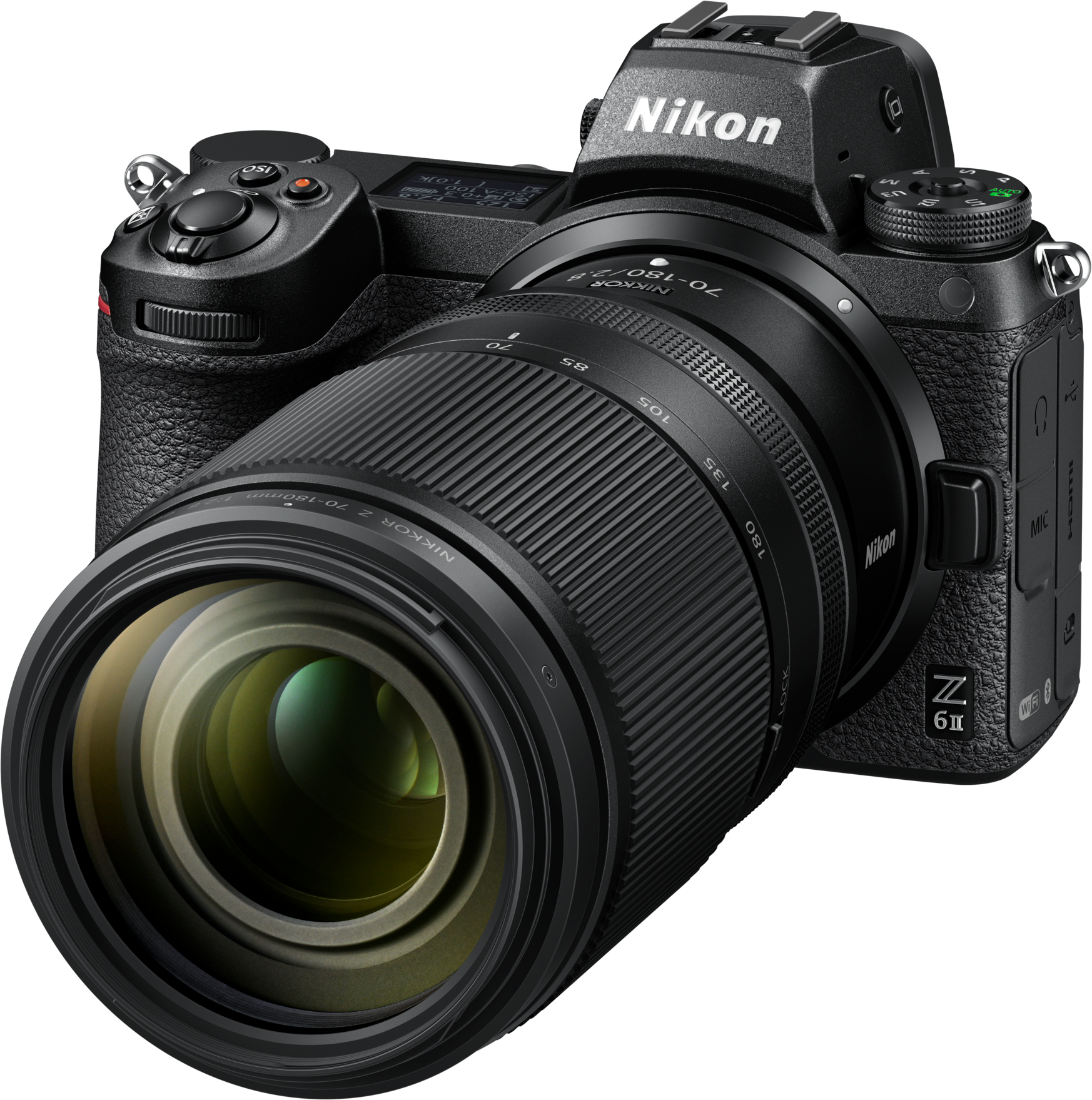 Nikon Z 6II Kamera mit Objektiv. Schwarzes Gehäuse, Objektiv ausgefahren. Nikon-Logo sichtbar.
