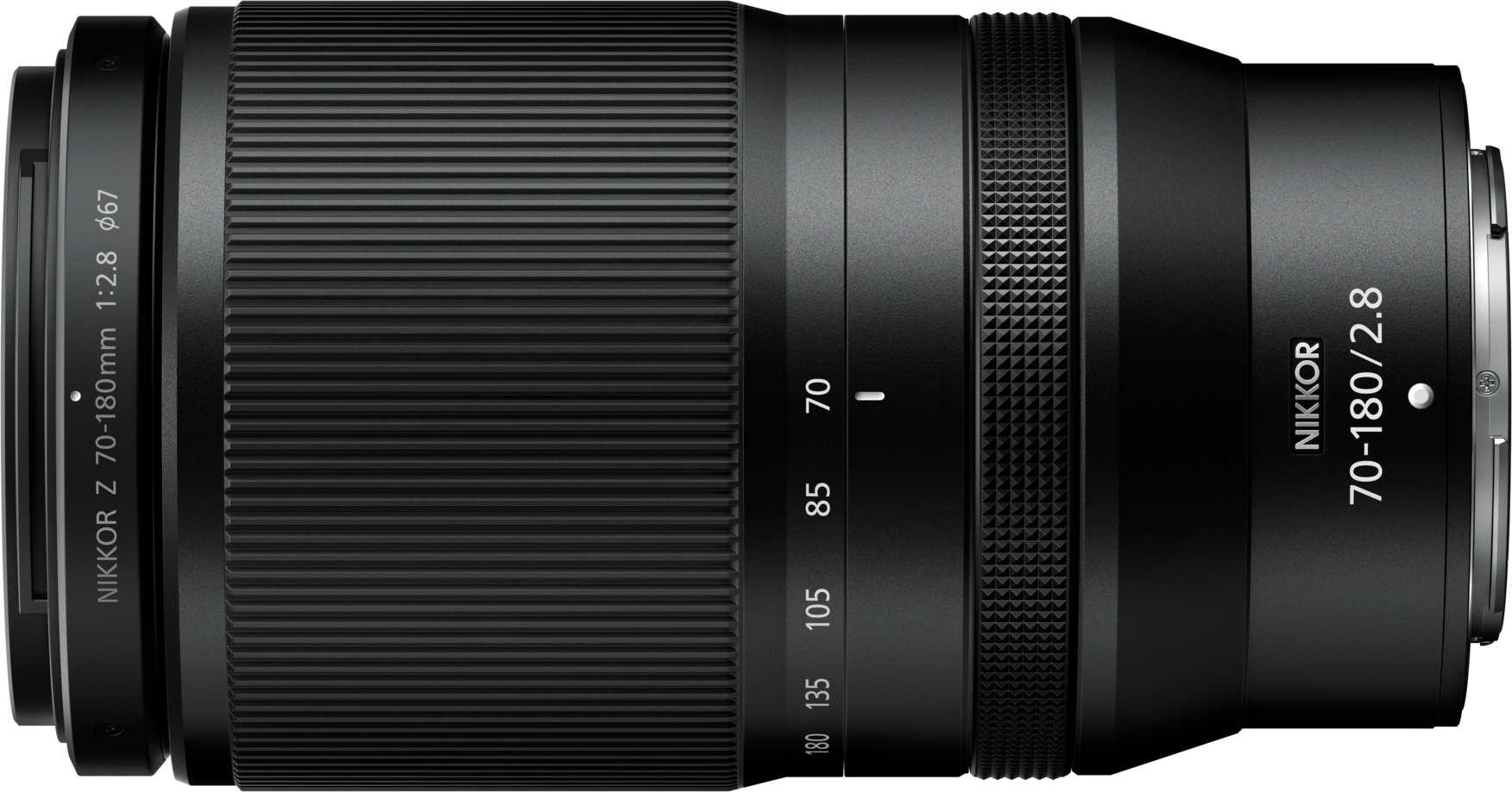 Ein schwarzes Nikkor Z 70-180mm f/2.8 Kameraobjektiv mit Brennweitenmarkierungen.