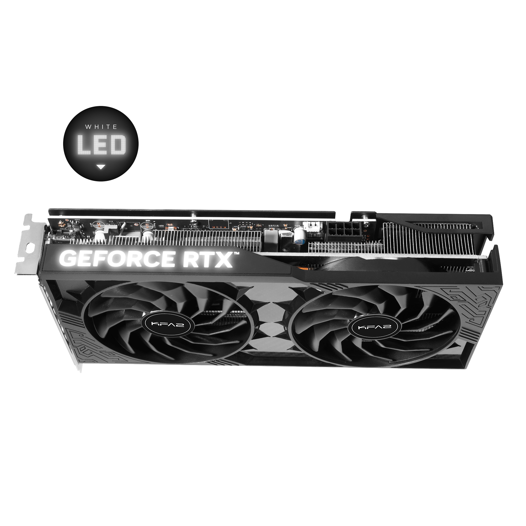 Schwarz-weiße Grafikkarte mit zwei Lüftern. Der Text lautet 'GEFORCE RTX' und 'KFA2'.
