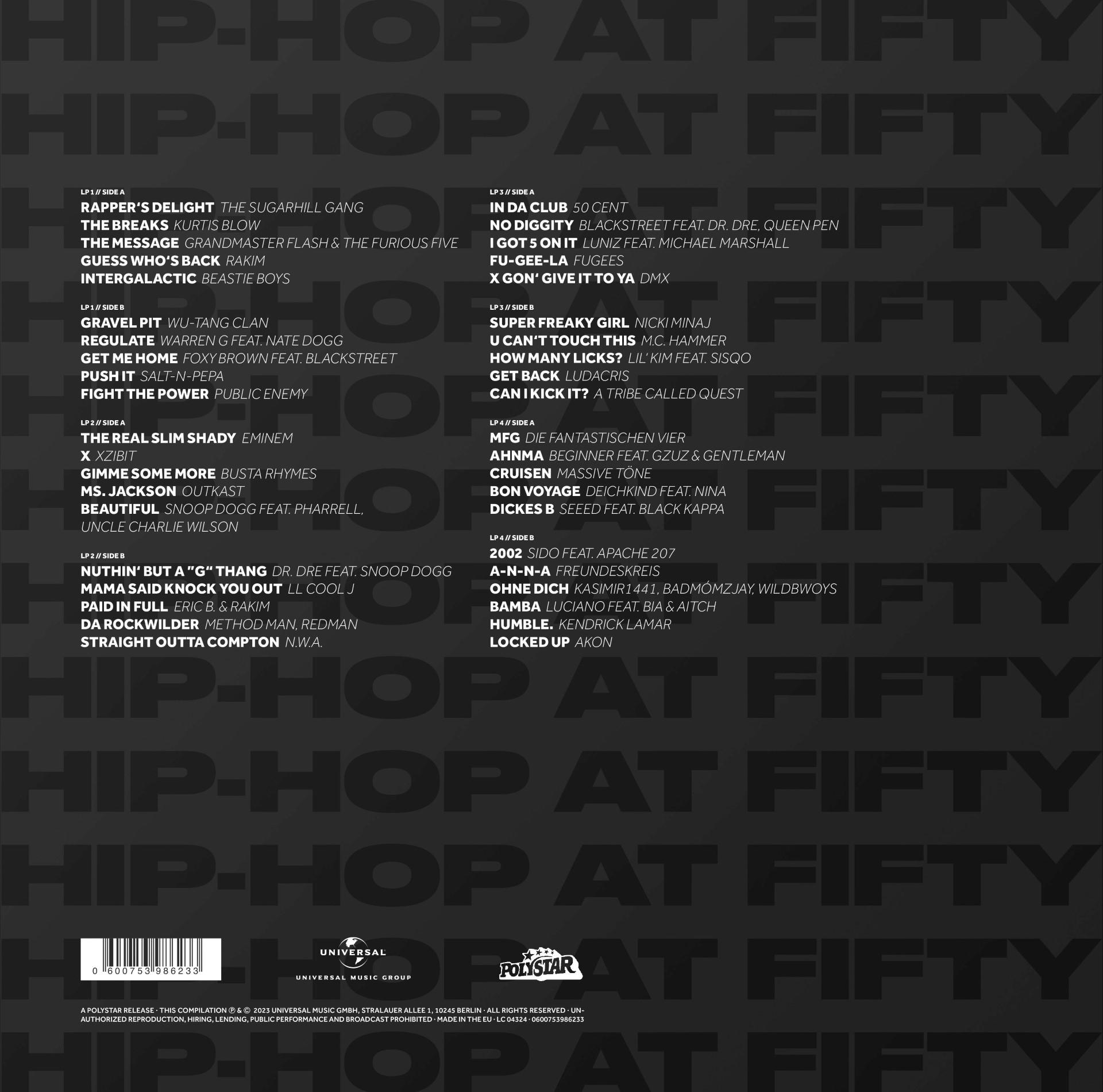 Albumcover von 'Hip-Hop at Fifty' mit Titellisten und Logos.