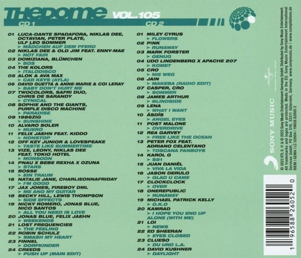 Das Dome Vol. 105 CD-Cover mit einer Liste von Künstlern und Songs. CD 1 und CD 2 sind sichtbar.