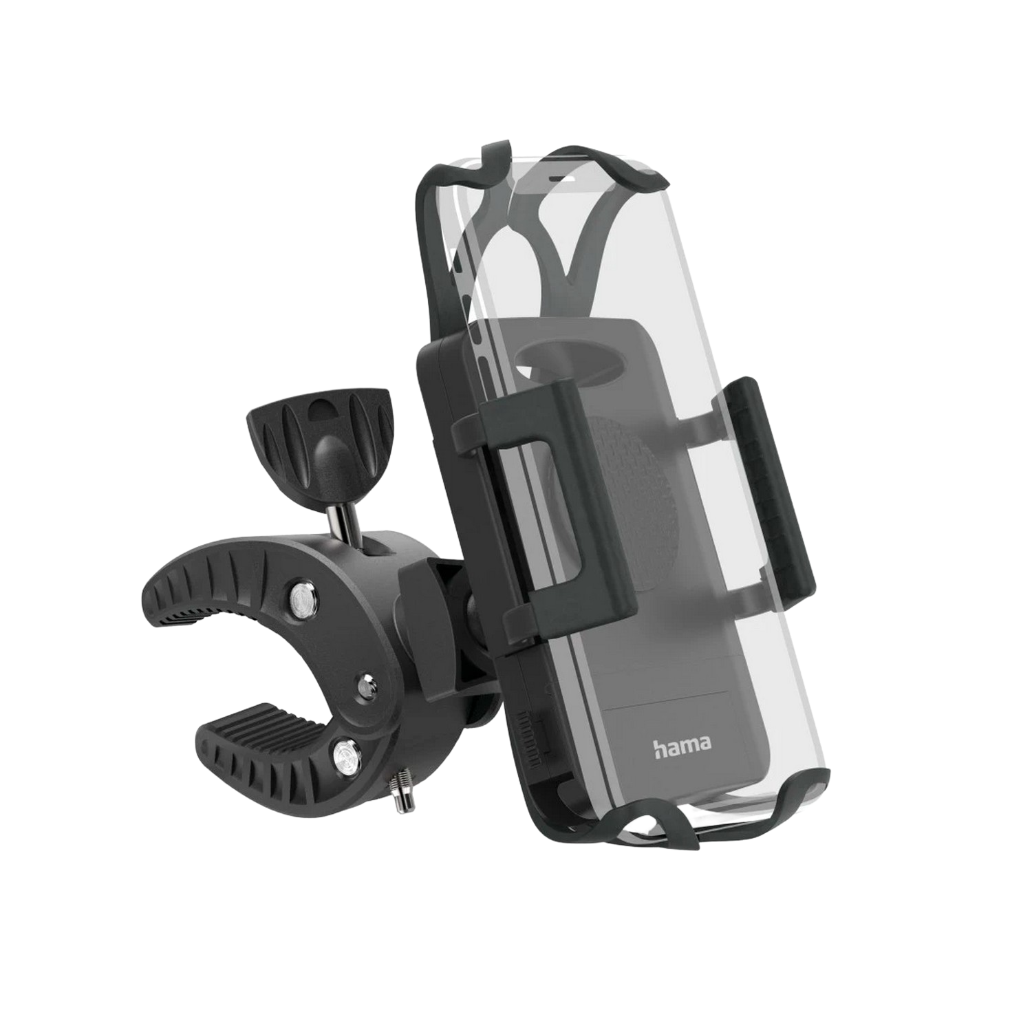Support de téléphone noir fixé à une pince noire. Le téléphone est dans un support transparent.