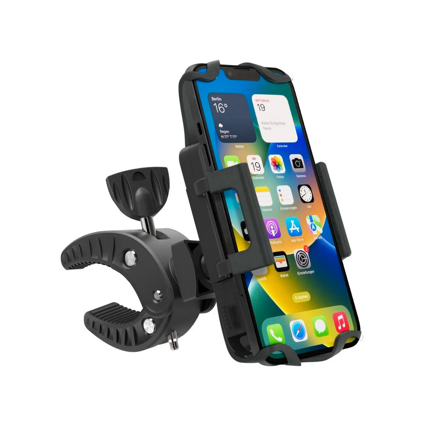 Support de téléphone noir monté sur un guidon de vélo avec un smartphone.