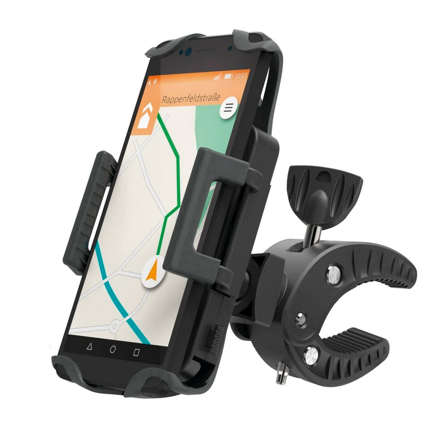 Un smartphone noir est tenu dans un support de téléphone noir, sur fond blanc.