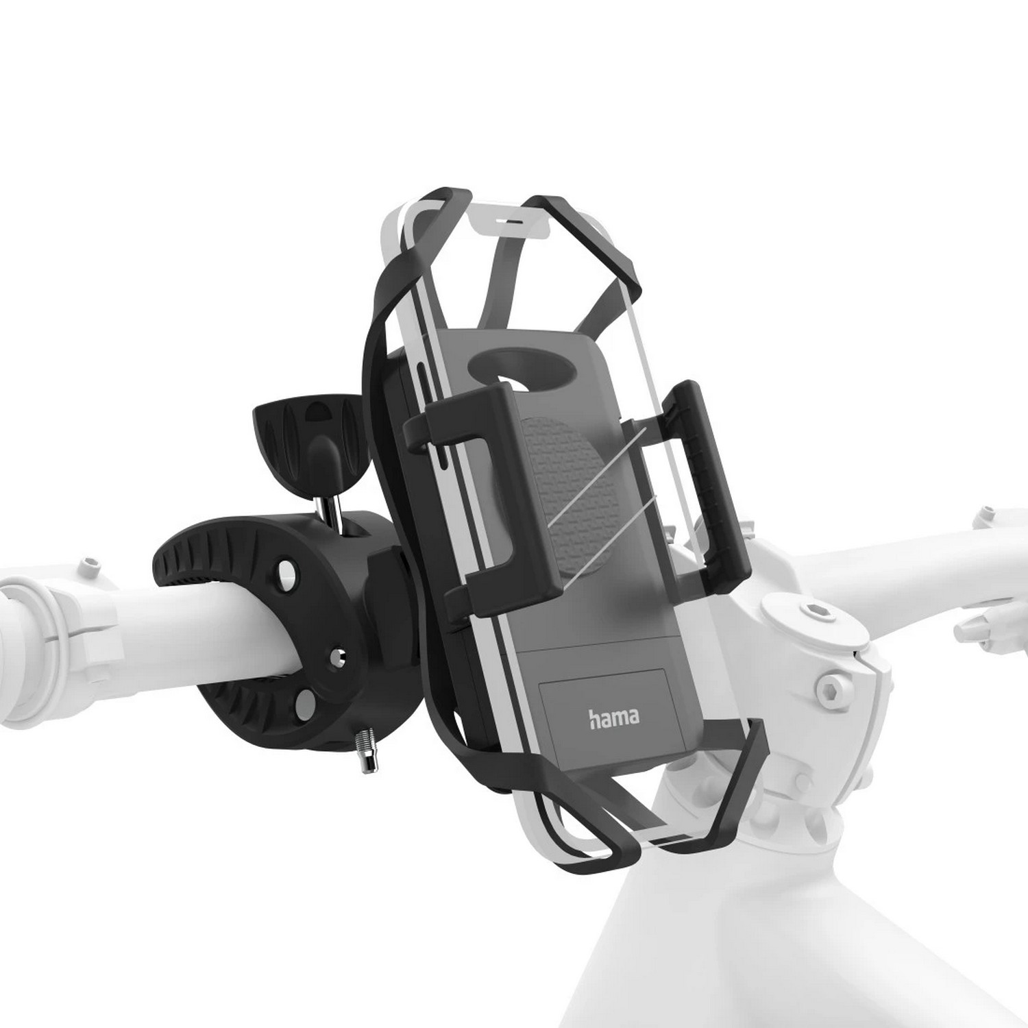 Un support de téléphone monté sur un guidon de vélo. Le support est noir et gris avec un téléphone à l'intérieur.