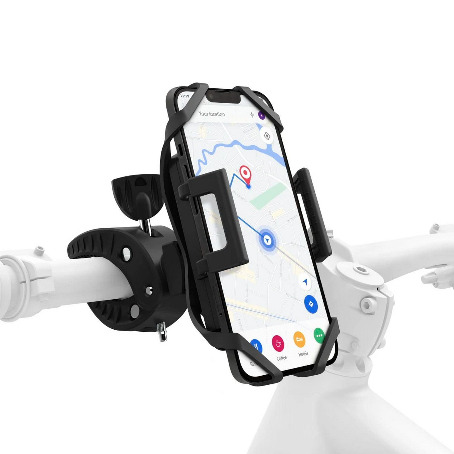 Smartphone monté sur un guidon de vélo. Carte affichée à l'écran. Vélo noir et blanc.
