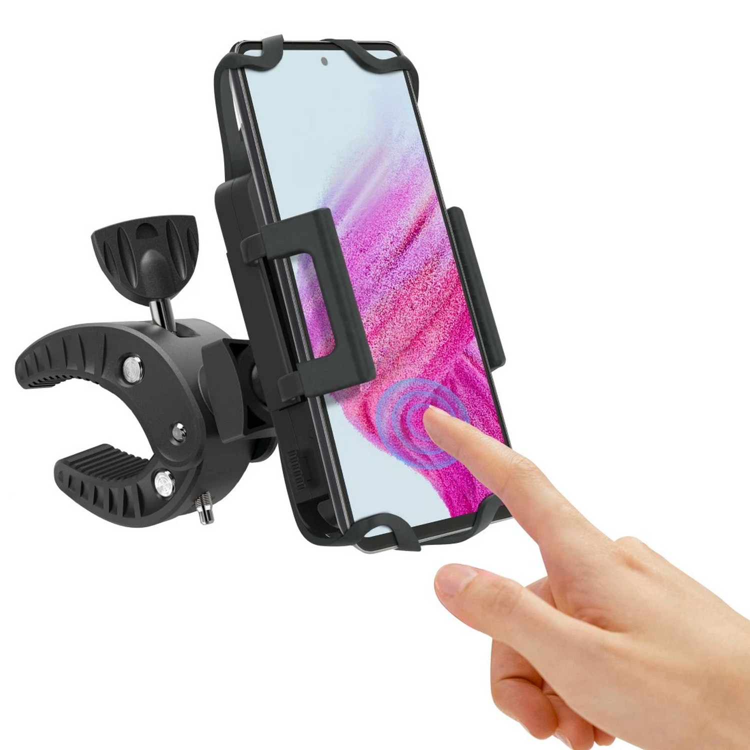 Support de téléphone noir tenant un téléphone avec un écran rose et blanc, doigt touchant l'écran.