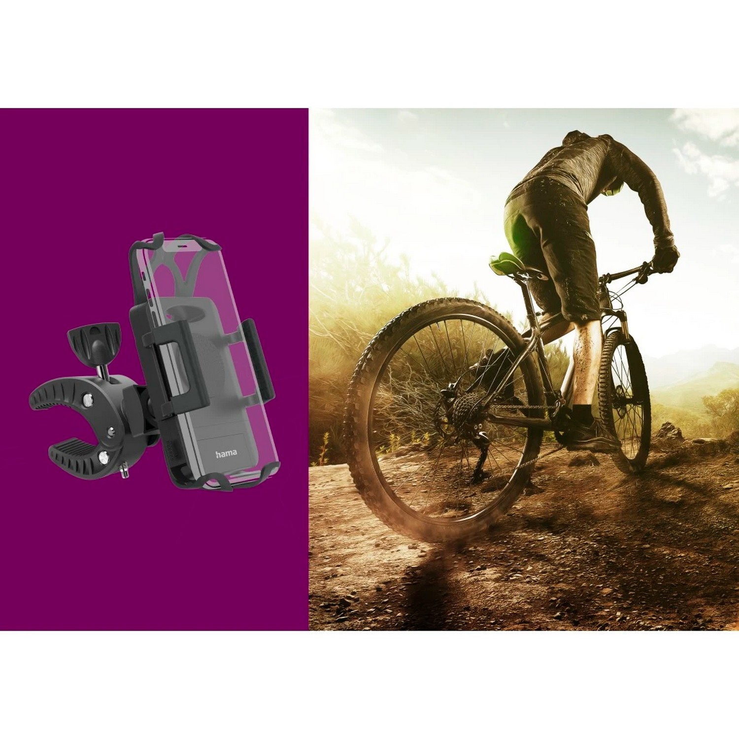 Support de téléphone sur un vélo et cycliste sur un chemin de terre, fond ensoleillé.
