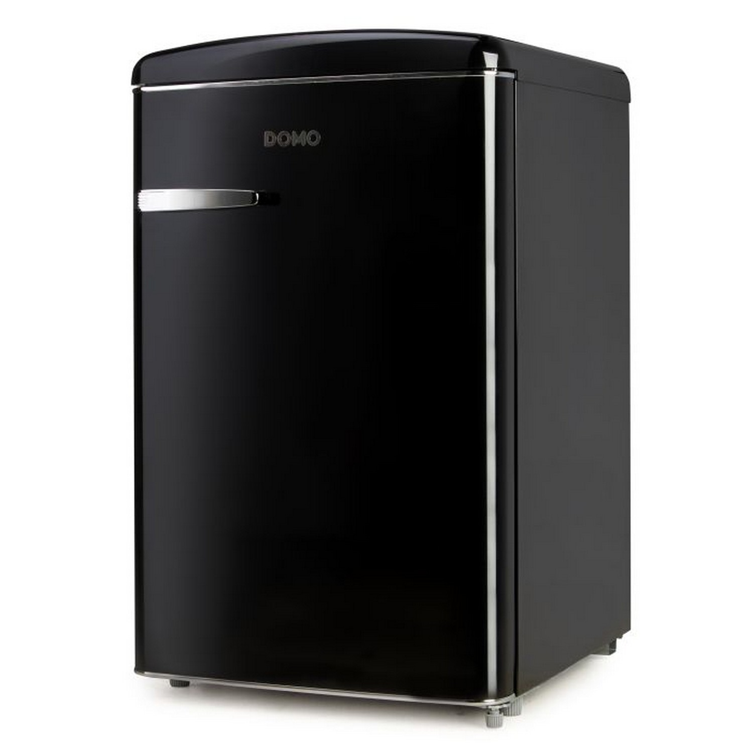 A black retro mini-fridge with a chrome handle and the brand name DOMO. White background.